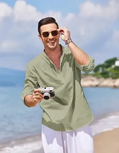 COOFANDY Men's Cotton Linen Henley T-Shirt Long Sleeve Hippie Casual Beach T-Shirts - 4