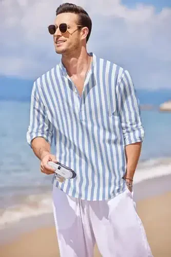 COOFANDY Men's Cotton Linen Henley T-Shirt Long Sleeve Hippie Casual Beach T-Shirts - 2