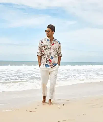 COOFANDY Men's Cotton Linen Henley T-Shirt Long Sleeve Hippie Casual Beach T-Shirts - 4