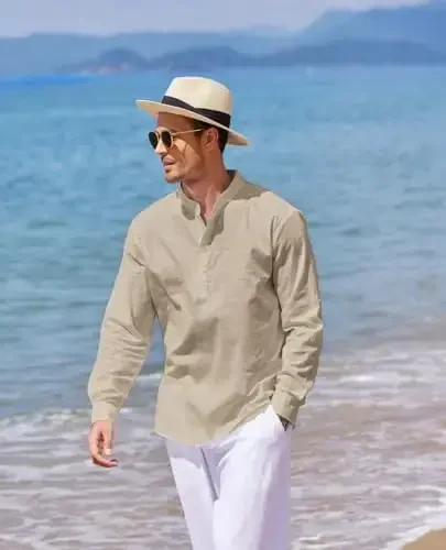 COOFANDY Men's Cotton Linen Henley T-Shirt Long Sleeve Hippie Casual Beach T-Shirts - 3