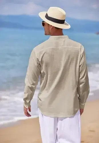 COOFANDY Men's Cotton Linen Henley T-Shirt Long Sleeve Hippie Casual Beach T-Shirts - 4