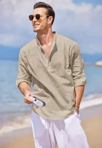 COOFANDY Men's Cotton Linen Henley T-Shirt Long Sleeve Hippie Casual Beach T-Shirts - 5