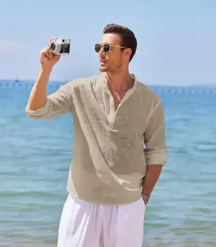 COOFANDY Men's Cotton Linen Henley T-Shirt Long Sleeve Hippie Casual Beach T-Shirts - 6