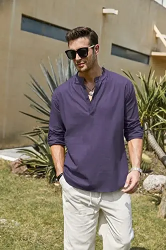 COOFANDY Men's Cotton Linen Henley T-Shirt Long Sleeve Hippie Casual Beach T-Shirts - 4