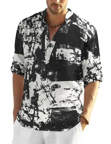 COOFANDY Men's Cotton Linen Henley T-Shirt Long Sleeve Hippie Casual Beach T-Shirts - 1