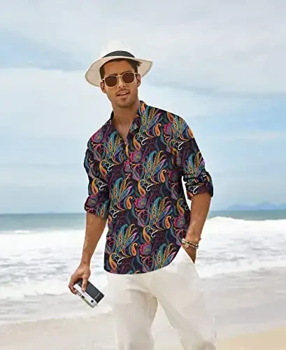 COOFANDY Men's Cotton Linen Henley T-Shirt Long Sleeve Hippie Casual Beach T-Shirts - 3