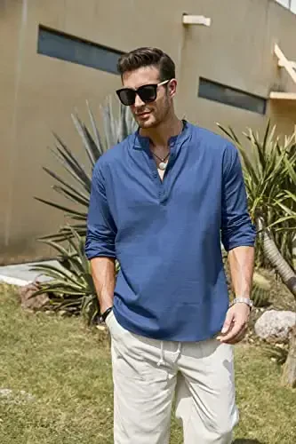 COOFANDY Men's Cotton Linen Henley T-Shirt Long Sleeve Hippie Casual Beach T-Shirts - 3