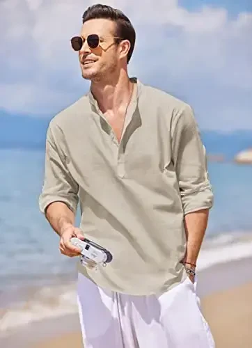 COOFANDY Men's Cotton Linen Henley T-Shirt Long Sleeve Hippie Casual Beach T-Shirts - 4
