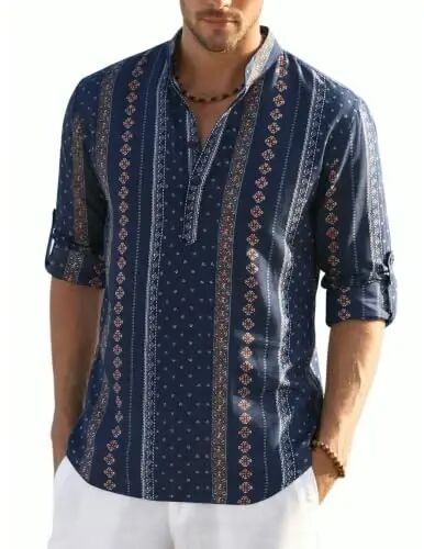 COOFANDY Men's Cotton Linen Henley T-Shirts Long Sleeve Casual Beach Shirts | Mens Linen Shirt,Regular Relaxed Fit,Lightweight,Breathable,and Moisture-wicking for Beach,Vacation or Everyday Summer Wear - COOFANDY