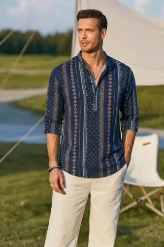 COOFANDY Men's Cotton Linen Henley T-Shirts Long Sleeve Casual Beach Shirts | Mens Linen Shirt,Regular Relaxed Fit,Lightweight,Breathable,and Moisture-wicking for Beach,Vacation or Everyday Summer Wear - 3