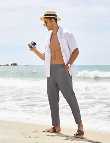 COOFANDY Men's Cotton Linen Pants Elastic Waist Lightweight Casual Pants Relaxed Fit Yoga Beach Pants with Pockets - 3