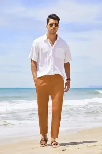 COOFANDY Men's Cotton Linen Pants Elastic Waist Lightweight Casual Pants Relaxed Fit Yoga Beach Pants with Pockets - 2