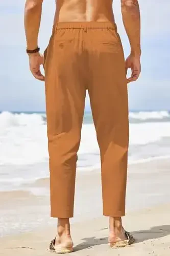 COOFANDY Men's Cotton Linen Pants Elastic Waist Lightweight Casual Pants Relaxed Fit Yoga Beach Pants with Pockets - 4