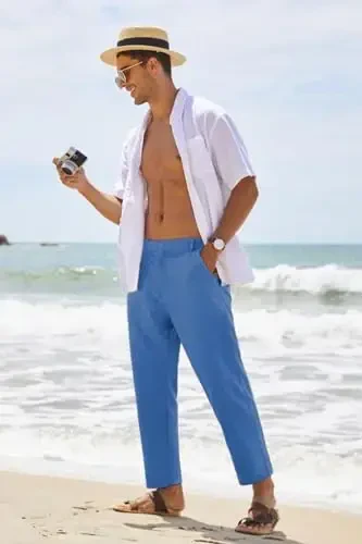 COOFANDY Men's Cotton Linen Pants Elastic Waist Lightweight Casual Pants Relaxed Fit Yoga Beach Pants with Pockets - 3