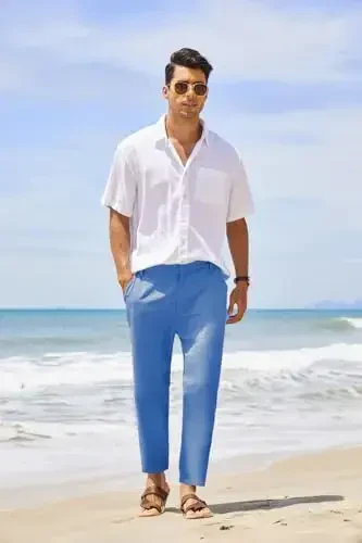 COOFANDY Men's Cotton Linen Pants Elastic Waist Lightweight Casual Pants Relaxed Fit Yoga Beach Pants with Pockets - 4