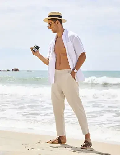 COOFANDY Men's Cotton Linen Pants Elastic Waist Lightweight Casual Pants Relaxed Fit Yoga Beach Pants with Pockets - 2