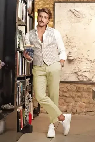 COOFANDY Men's Cotton Linen Pants Elastic Waist Lightweight Casual Pants Relaxed Fit Yoga Beach Pants with Pockets - 3