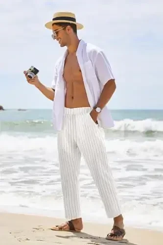 COOFANDY Men's Cotton Linen Pants Elastic Waist Lightweight Casual Pants Relaxed Fit Yoga Beach Pants with Pockets - 3