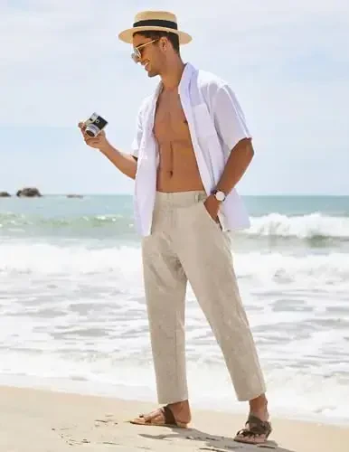 COOFANDY Men's Cotton Linen Pants Elastic Waist Lightweight Casual Pants Relaxed Fit Yoga Beach Pants with Pockets - 2