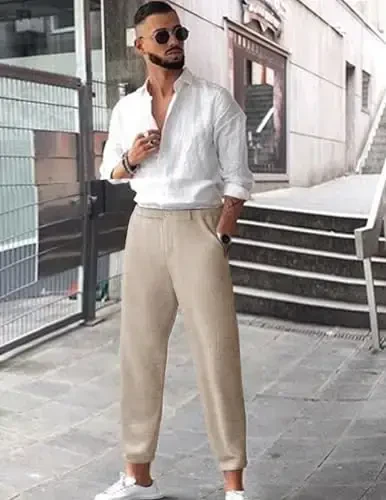 COOFANDY Men's Cotton Linen Pants Elastic Waist Lightweight Casual Pants Relaxed Fit Yoga Beach Pants with Pockets - 4