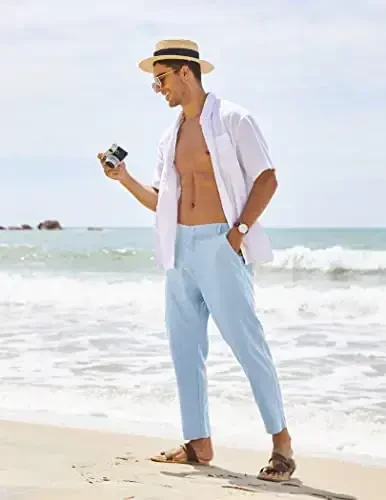 COOFANDY Men's Cotton Linen Pants Elastic Waist Lightweight Casual Pants Relaxed Fit Yoga Beach Pants with Pockets - 3