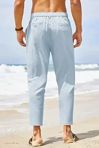 COOFANDY Men's Cotton Linen Pants Elastic Waist Lightweight Casual Pants Relaxed Fit Yoga Beach Pants with Pockets - 4