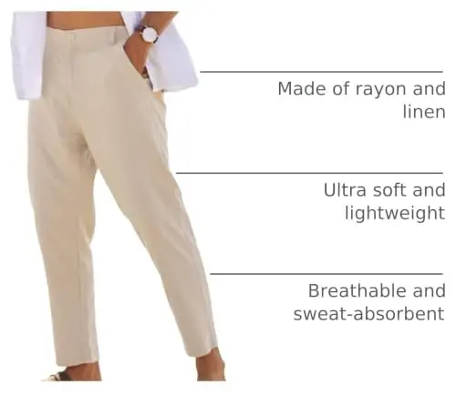 COOFANDY Men's Cotton Linen Pants Elastic Waist Lightweight Casual Pants Relaxed Fit Yoga Beach Pants with Pockets - 4