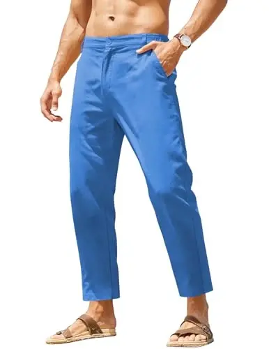 COOFANDY Men's Cotton Linen Pants Elastic Waist Lightweight Casual Pants Relaxed Fit Yoga Beach Pants with Pockets - COOFANDY