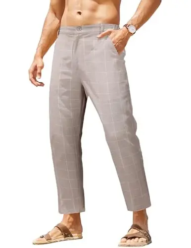 COOFANDY Men's Cotton Linen Pants Elastic Waist Lightweight Casual Pants Relaxed Fit Yoga Beach Pants with Pockets 