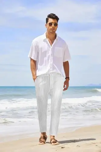 COOFANDY Men's Cotton Linen Pants Elastic Waist Lightweight Casual Pants Relaxed Fit Yoga Beach Pants with Pockets - 2