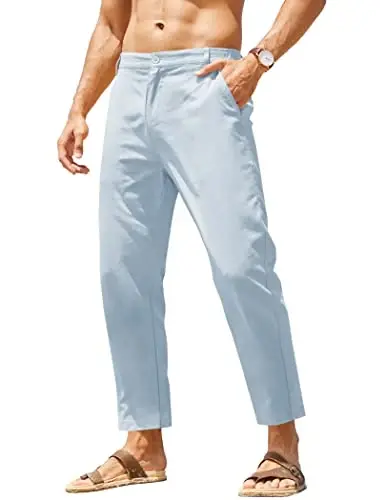 COOFANDY Men's Cotton Linen Pants Elastic Waist Lightweight Casual Pants Relaxed Fit Yoga Beach Pants with Pockets 