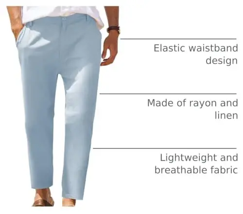 COOFANDY Men's Cotton Linen Pants Elastic Waist Lightweight Casual Pants Relaxed Fit Yoga Beach Pants with Pockets - 4