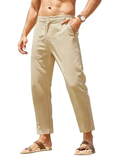 COOFANDY Men's Cotton Linen Pants Elastic Waist Lightweight Casual Pants Relaxed Fit Yoga Beach Pants with Pockets - 1
