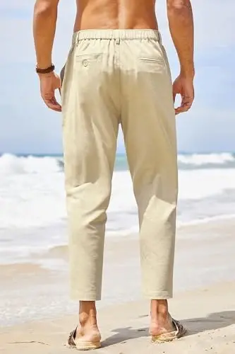 COOFANDY Men's Cotton Linen Pants Elastic Waist Lightweight Casual Pants Relaxed Fit Yoga Beach Pants with Pockets - 5