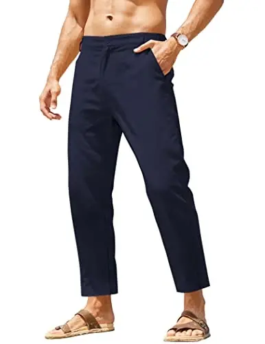 COOFANDY Men's Cotton Linen Pants Elastic Waist Lightweight Casual Pants Relaxed Fit Yoga Beach Pants with Pockets - 1