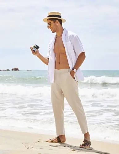 COOFANDY Men's Cotton Linen Pants Elastic Waist Lightweight Casual Pants Relaxed Fit Yoga Beach Pants with Pockets - COOFANDY (1)