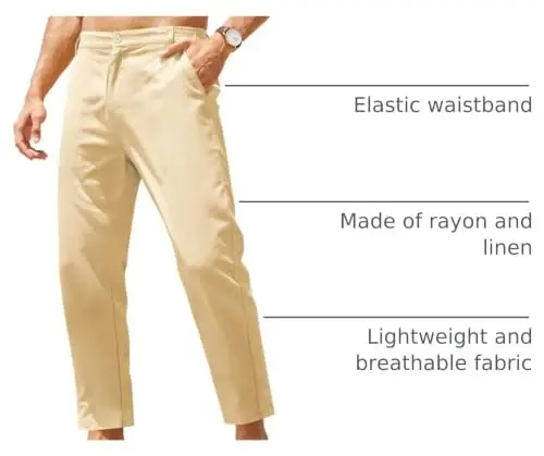 COOFANDY Men's Cotton Linen Pants Elastic Waist Lightweight Casual Pants Relaxed Fit Yoga Beach Pants with Pockets - 4