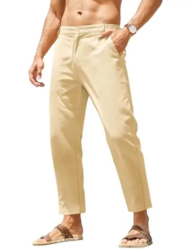 COOFANDY Men's Cotton Linen Pants Elastic Waist Lightweight Casual Pants Relaxed Fit Yoga Beach Pants with Pockets - COOFANDY