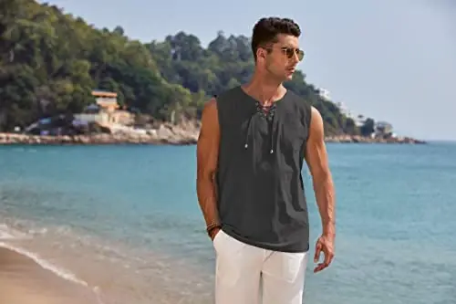 COOFANDY Men's Cotton Linen Sleeveless Shirts Casual Tank Top Beach Tunic | Lace-Up V Neck Cut Off Shirts with Chest Patch Pocket, Bohemian Medieval Renaissance Hippie Shirt for Summer Vacation Crusie - COOFANDY (1)