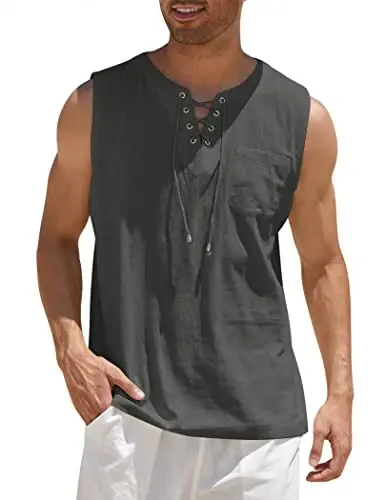 COOFANDY Men's Cotton Linen Sleeveless Shirts Casual Tank Top Beach Tunic | Lace-Up V Neck Cut Off Shirts with Chest Patch Pocket, Bohemian Medieval Renaissance Hippie Shirt for Summer Vacation Crusie - 1