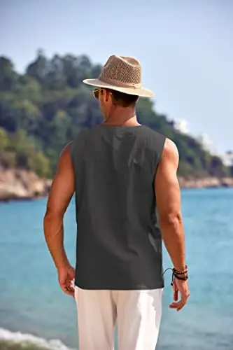 COOFANDY Men's Cotton Linen Sleeveless Shirts Casual Tank Top Beach Tunic | Lace-Up V Neck Cut Off Shirts with Chest Patch Pocket, Bohemian Medieval Renaissance Hippie Shirt for Summer Vacation Crusie - 3