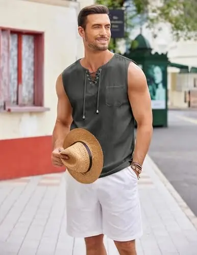 COOFANDY Men's Cotton Linen Sleeveless Shirts Casual Tank Top Beach Tunic | Lace-Up V Neck Cut Off Shirts with Chest Patch Pocket, Bohemian Medieval Renaissance Hippie Shirt for Summer Vacation Crusie - 4