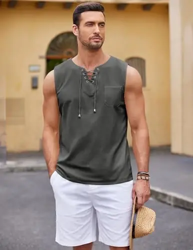 COOFANDY Men's Cotton Linen Sleeveless Shirts Casual Tank Top Beach Tunic | Lace-Up V Neck Cut Off Shirts with Chest Patch Pocket, Bohemian Medieval Renaissance Hippie Shirt for Summer Vacation Crusie - 5