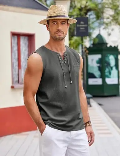 COOFANDY Men's Cotton Linen Sleeveless Shirts Casual Tank Top Beach Tunic | Lace-Up V Neck Cut Off Shirts with Chest Patch Pocket, Bohemian Medieval Renaissance Hippie Shirt for Summer Vacation Crusie - 6