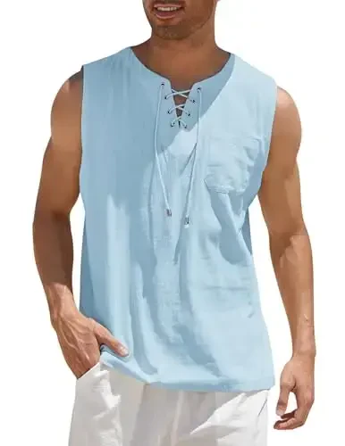 COOFANDY Men's Cotton Linen Tank Top Shirts Casual Sleeveless Lace Up Beach Hippie Tops Bohemian Renaissance Pirate Tunic - 1