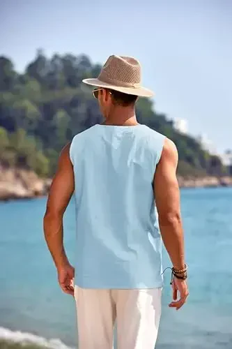 COOFANDY Men's Cotton Linen Tank Top Shirts Casual Sleeveless Lace Up Beach Hippie Tops Bohemian Renaissance Pirate Tunic - 3