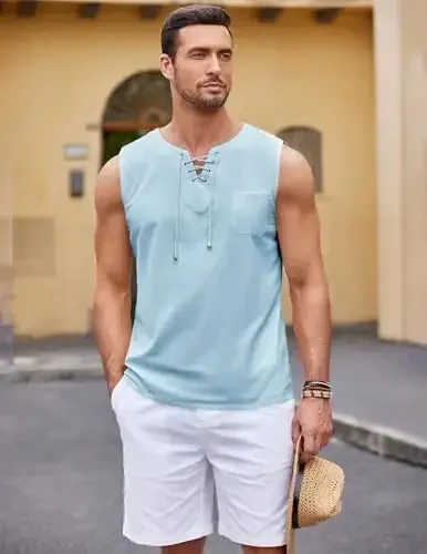 COOFANDY Men's Cotton Linen Tank Top Shirts Casual Sleeveless Lace Up Beach Hippie Tops Bohemian Renaissance Pirate Tunic - 5