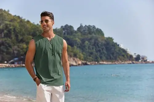 COOFANDY Men's Cotton Linen Tank Top Shirts Casual Sleeveless Lace Up Beach Hippie Tops Bohemian Renaissance Pirate Tunic - 2