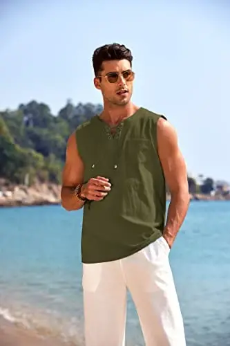 COOFANDY Men's Cotton Linen Tank Top Shirts Casual Sleeveless Lace Up Beach Hippie Tops Bohemian Renaissance Pirate Tunic - 2