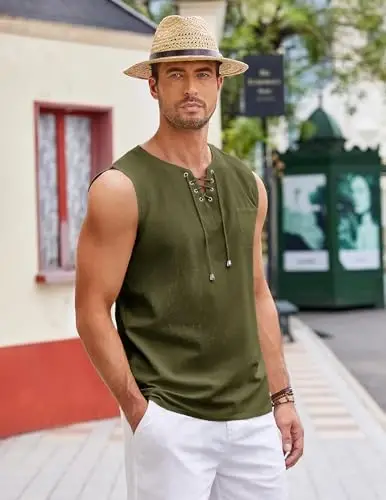 COOFANDY Men's Cotton Linen Tank Top Shirts Casual Sleeveless Lace Up Beach Hippie Tops Bohemian Renaissance Pirate Tunic - 5